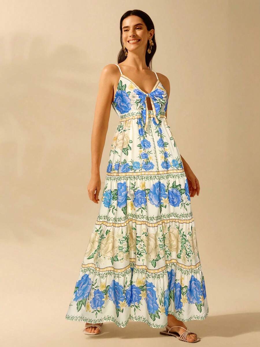 CAJUNI Vestido de Praia Boêmio Elegante e Fofo com Estampa Floral, Amarrado, Oco e Camadas, Feminino, de Férias, Lazer, Verão e Tropical