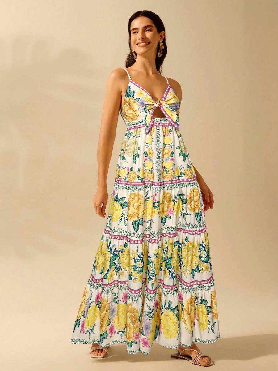 CAJUNI Vestido de Praia Boêmio Elegante e Fofo com Estampa Floral, Amarrado, Oco e Camadas, Feminino, de Férias, Lazer, Verão e Tropical