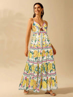CAJUNI Vestido de Praia Boêmio Elegante e Fofo com Estampa Floral, Amarrado, Oco e Camadas, Feminino, de Férias, Lazer, Verão e Tropical