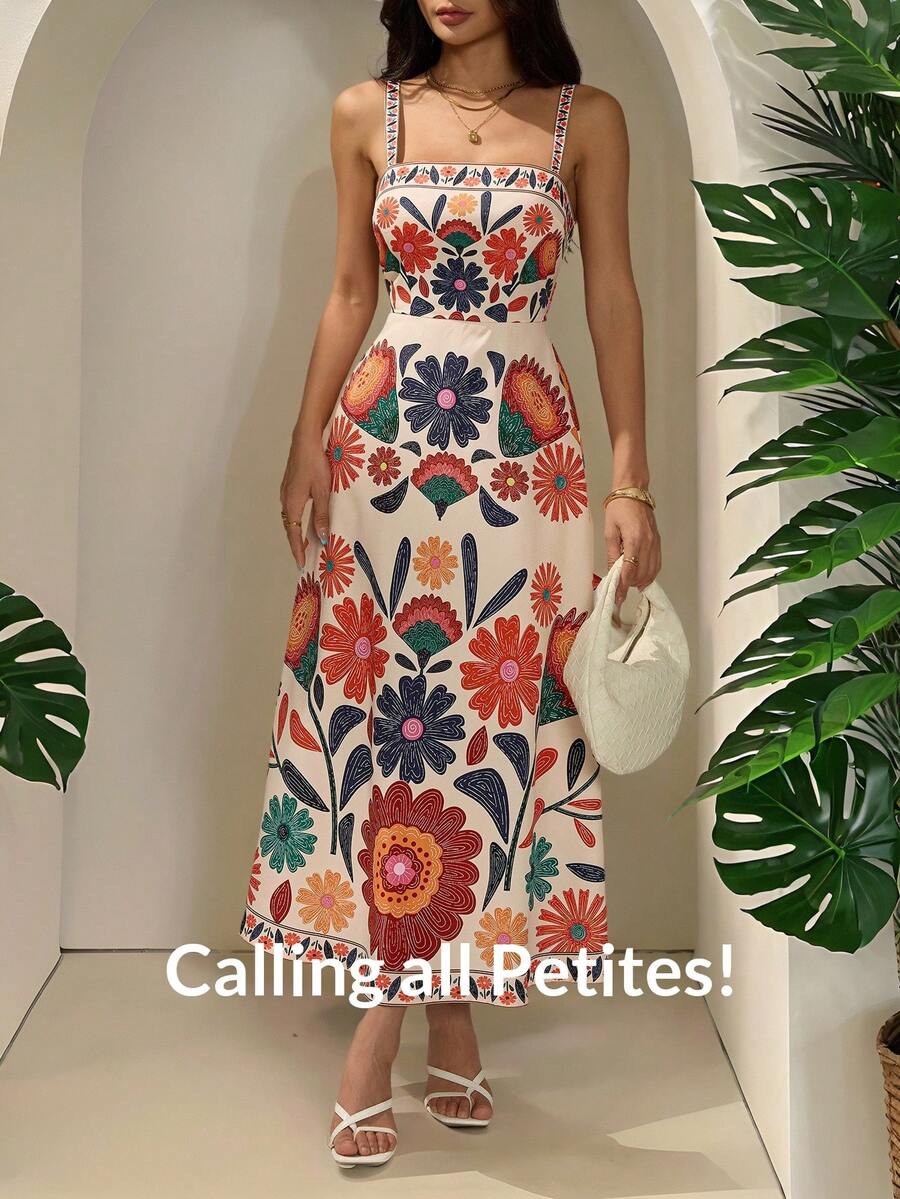 Vestido Casual de Férias com Estampa Floral, Cintura Franzida e Silhueta em A, Sem Mangas, Primavera/Verão