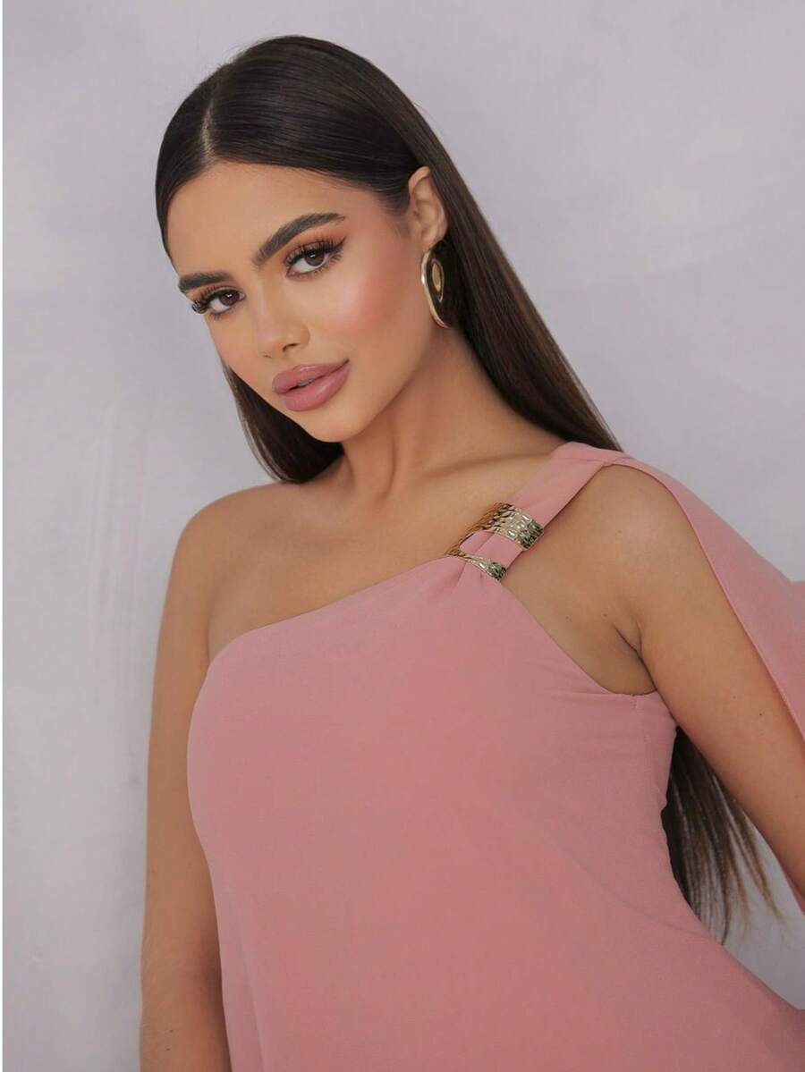 Vestido de festa elegante um ombro em chiffon com detalhe para madrinha casamento de dia