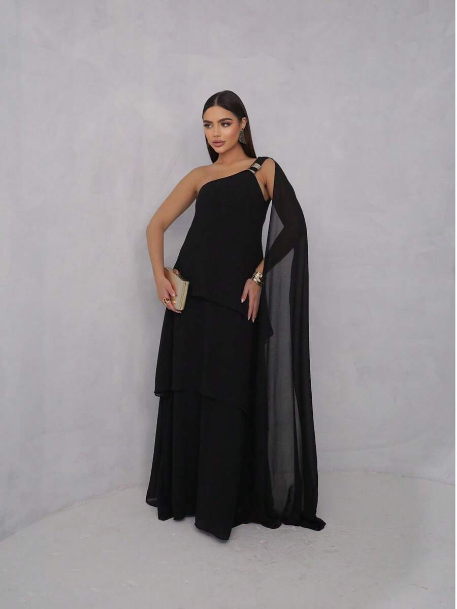 Vestido de festa elegante um ombro em chiffon com detalhe para madrinha casamento de dia