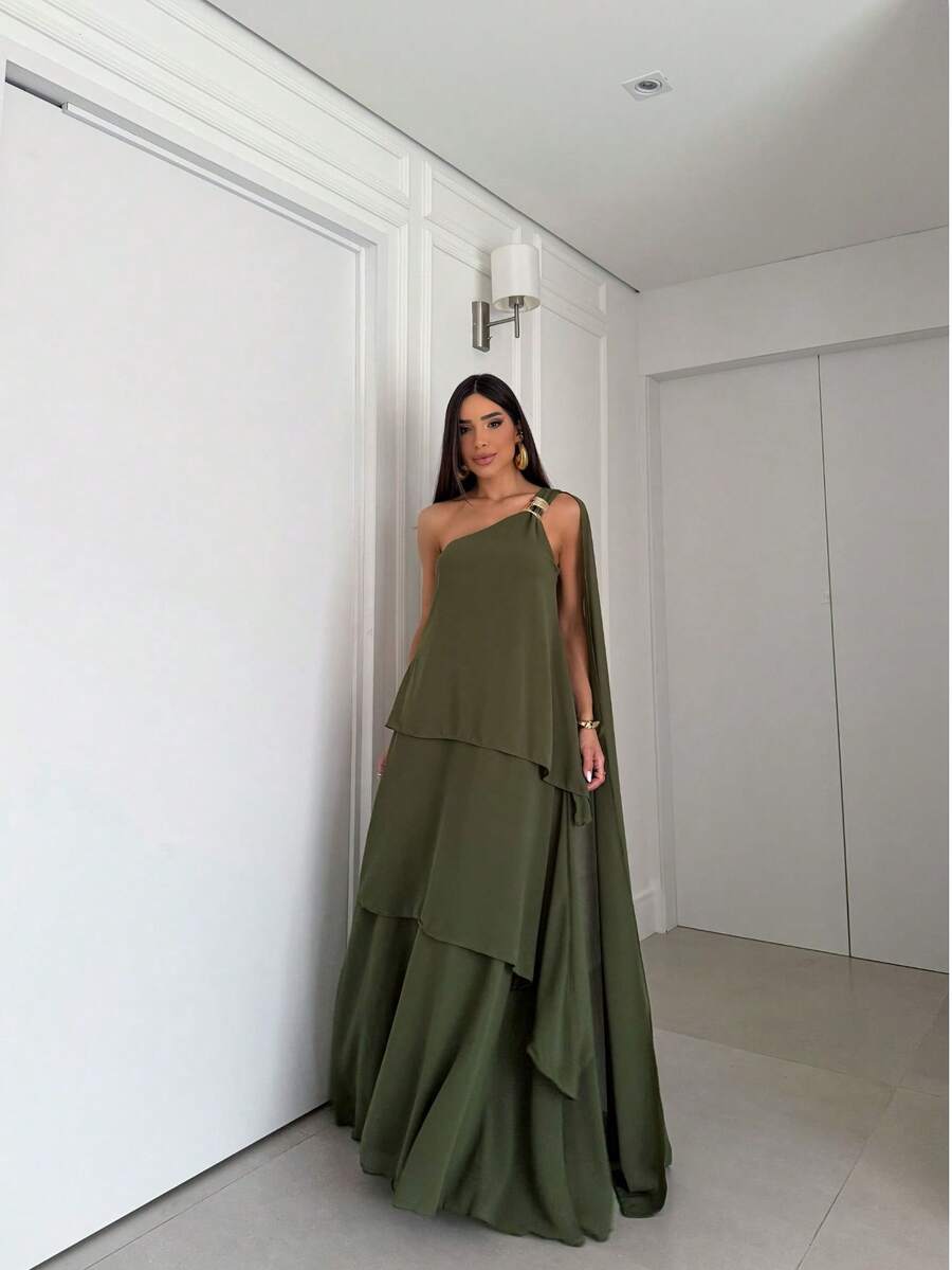 Vestido de festa elegante um ombro em chiffon com detalhe para madrinha casamento de dia