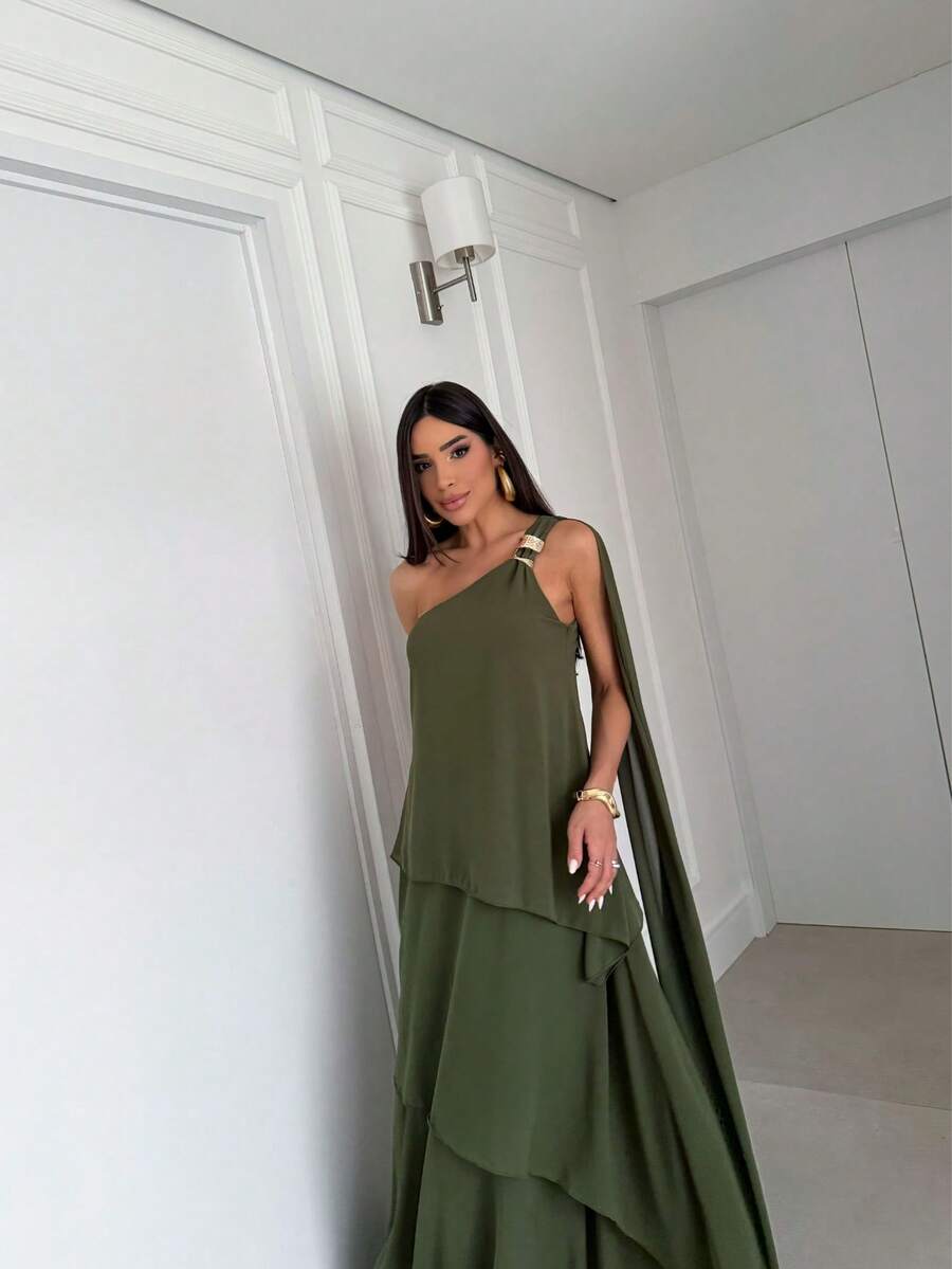 Vestido de festa elegante um ombro em chiffon com detalhe para madrinha casamento de dia