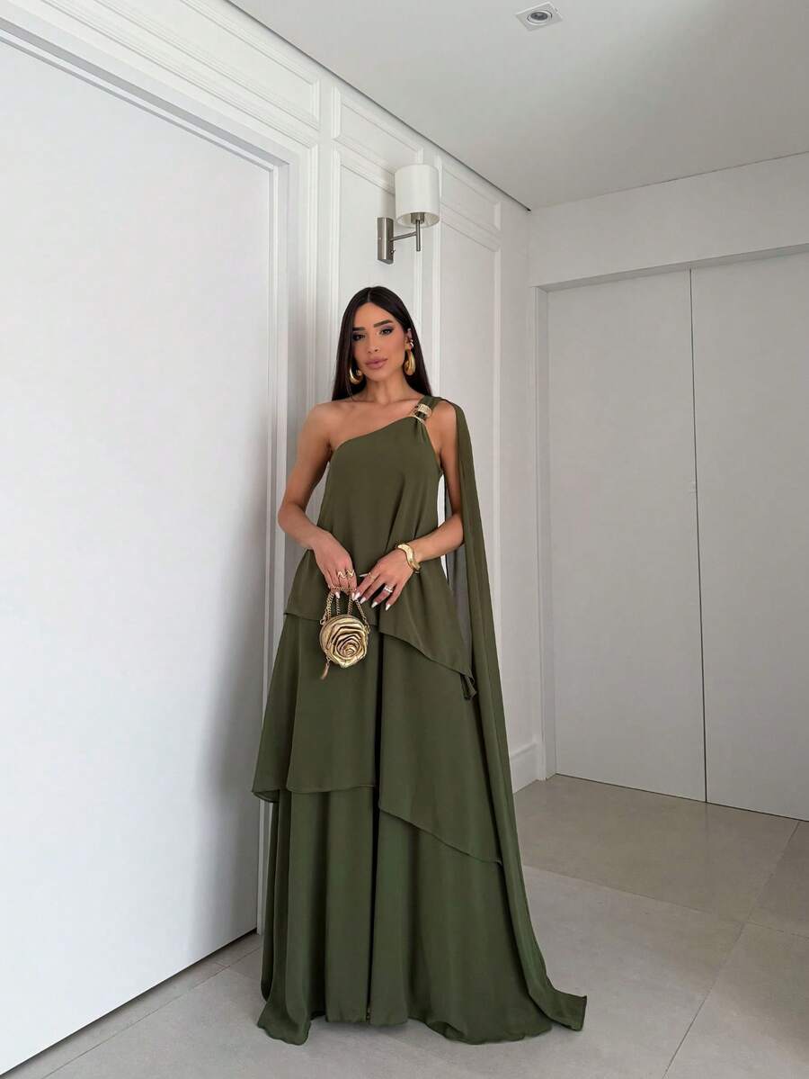 Vestido de festa elegante um ombro em chiffon com detalhe para madrinha casamento de dia