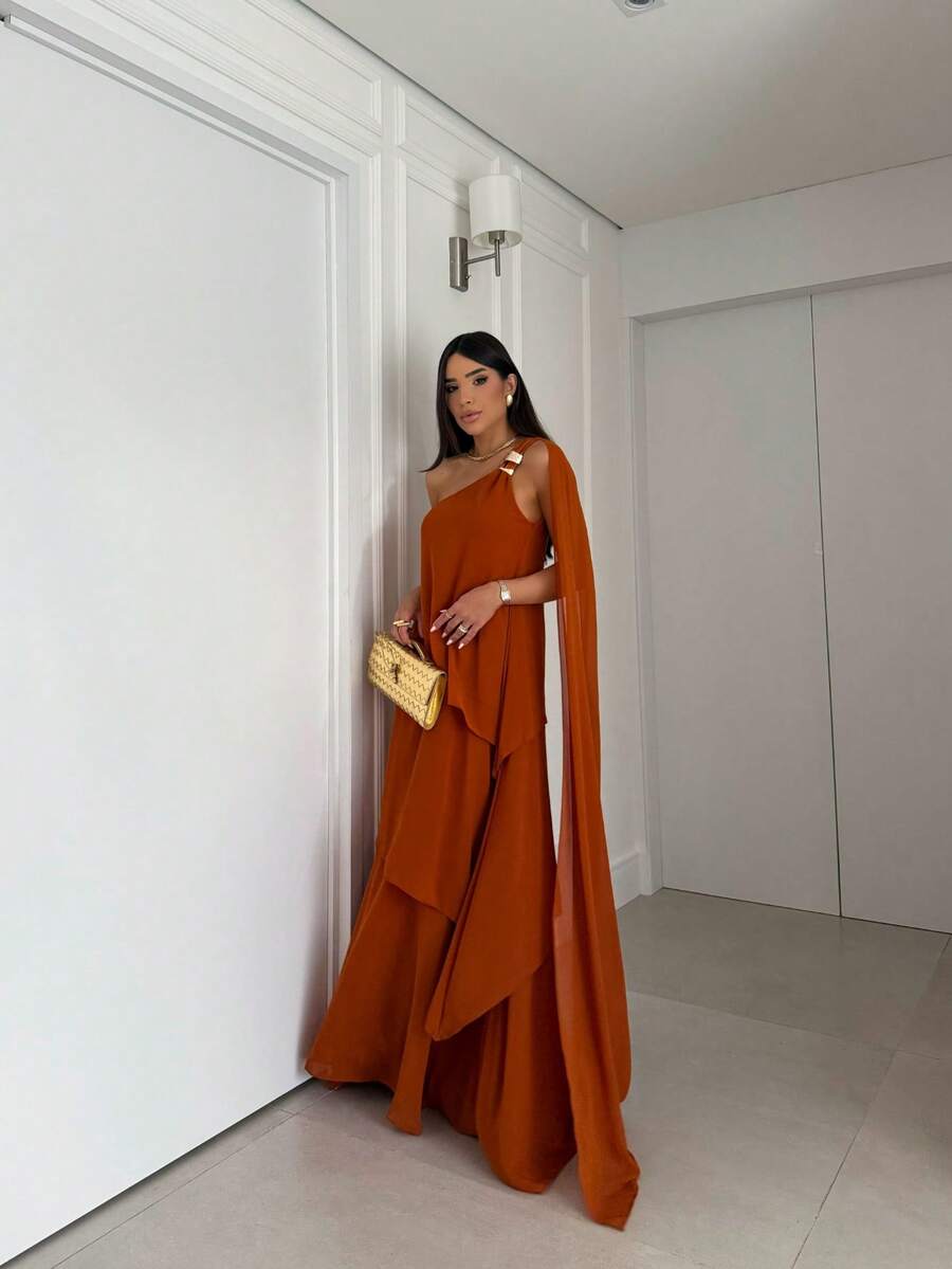 Vestido de festa elegante um ombro em chiffon com detalhe para madrinha casamento de dia