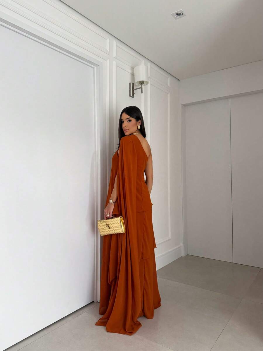 Vestido de festa elegante um ombro em chiffon com detalhe para madrinha casamento de dia