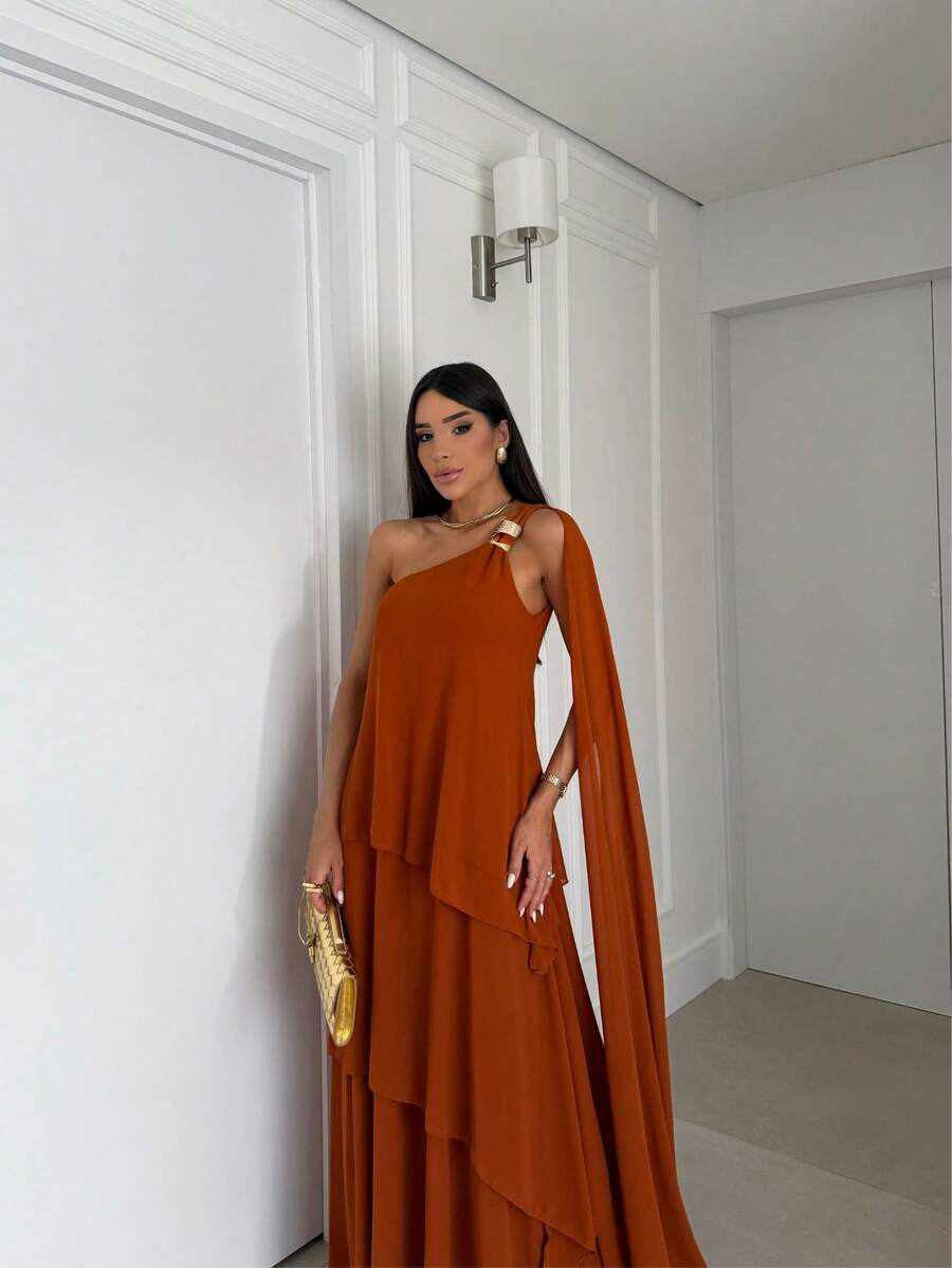 Vestido de festa elegante um ombro em chiffon com detalhe para madrinha casamento de dia