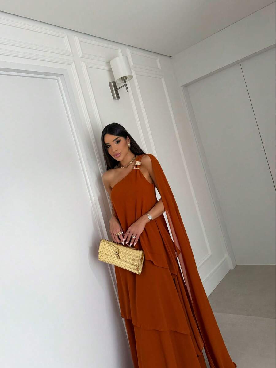 Vestido de festa elegante um ombro em chiffon com detalhe para madrinha casamento de dia