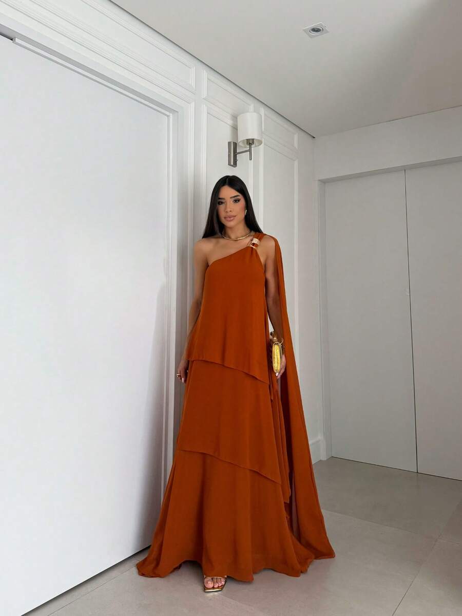 Vestido de festa elegante um ombro em chiffon com detalhe para madrinha casamento de dia