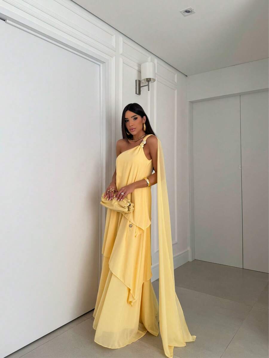 Vestido de festa elegante um ombro em chiffon com detalhe para madrinha casamento de dia