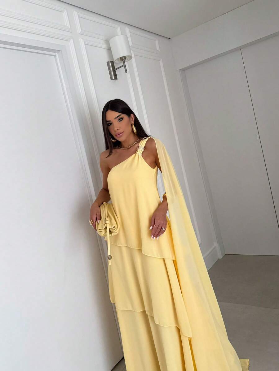 Vestido de festa elegante um ombro em chiffon com detalhe para madrinha casamento de dia