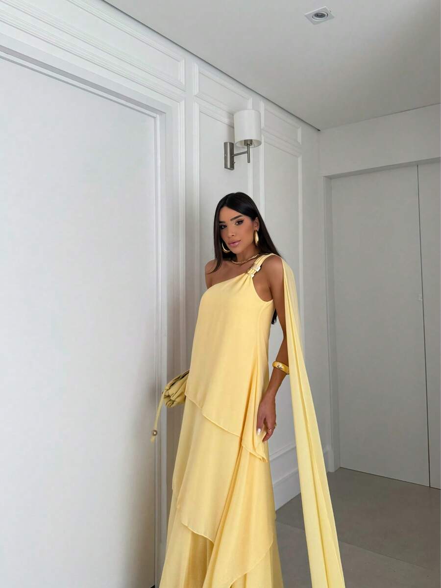 Vestido de festa elegante um ombro em chiffon com detalhe para madrinha casamento de dia