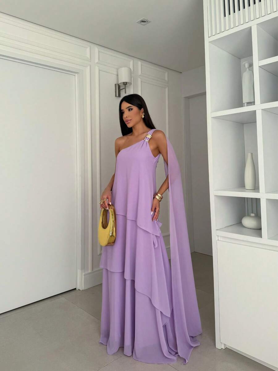 Vestido de festa elegante um ombro em chiffon com detalhe para madrinha casamento de dia