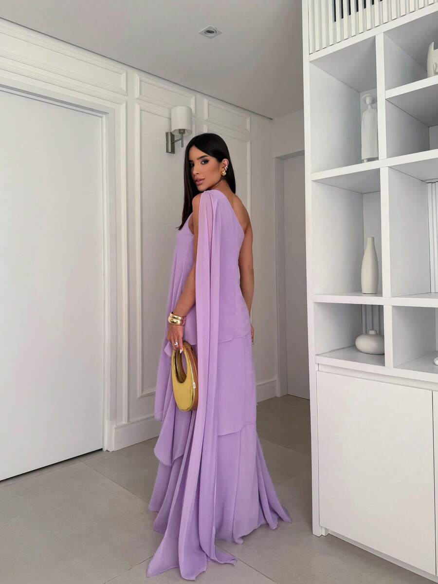 Vestido de festa elegante um ombro em chiffon com detalhe para madrinha casamento de dia