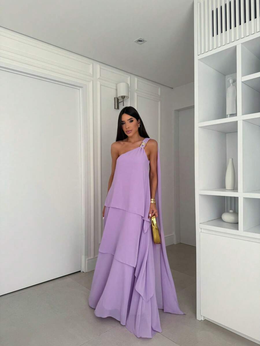 Vestido de festa elegante um ombro em chiffon com detalhe para madrinha casamento de dia