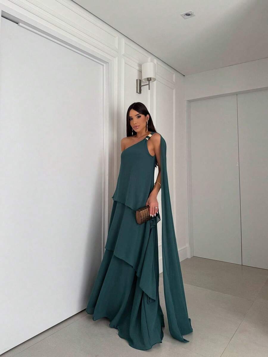 Vestido de festa elegante um ombro em chiffon com detalhe para madrinha casamento de dia