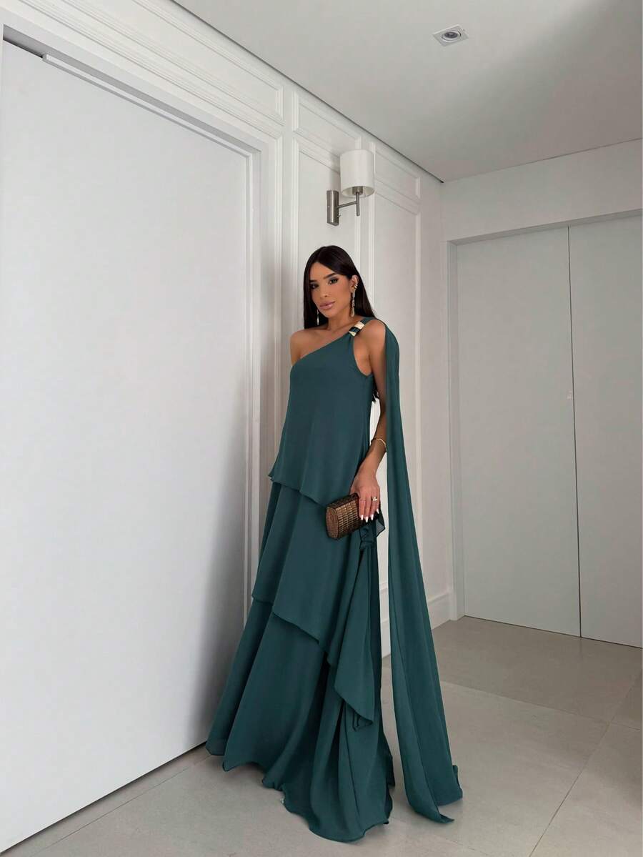 Vestido de festa elegante um ombro em chiffon com detalhe para madrinha casamento de dia