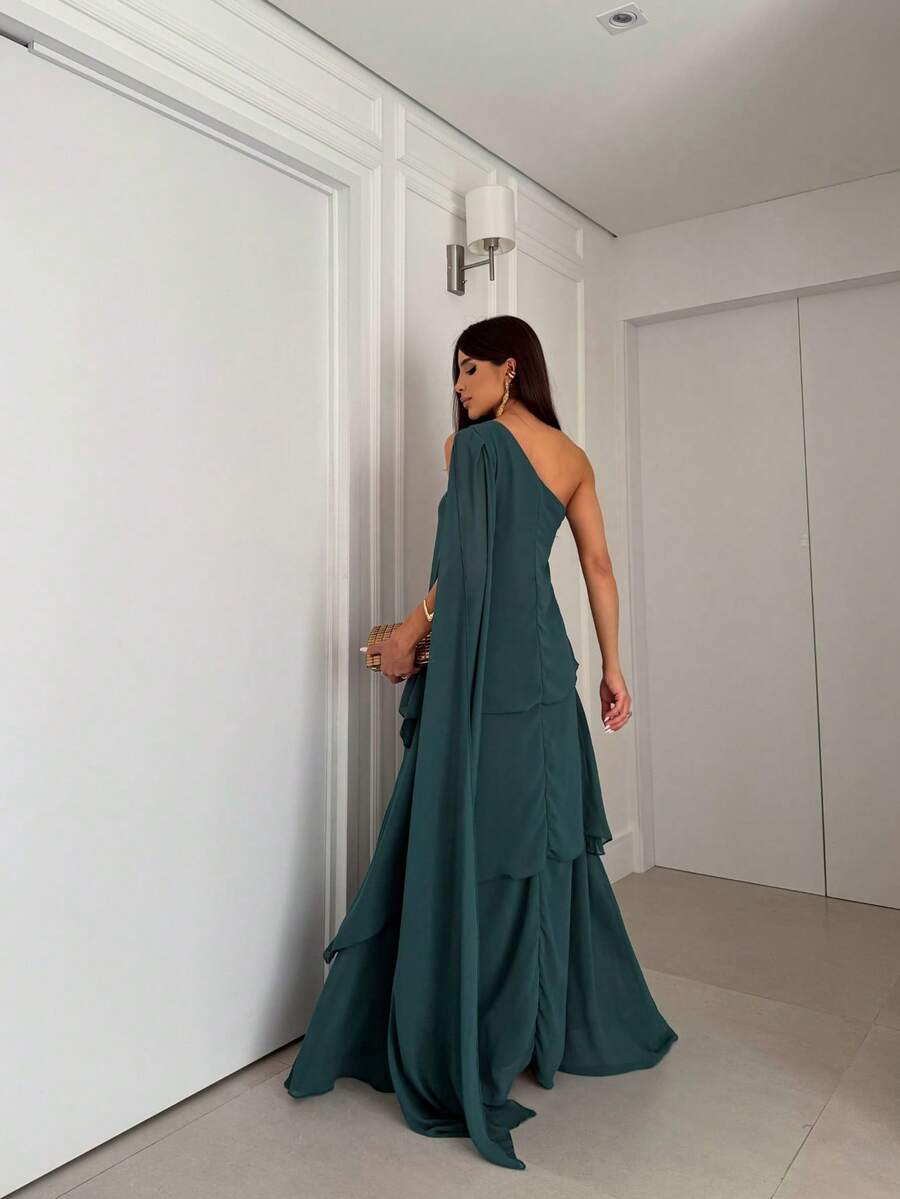 Vestido de festa elegante um ombro em chiffon com detalhe para madrinha casamento de dia