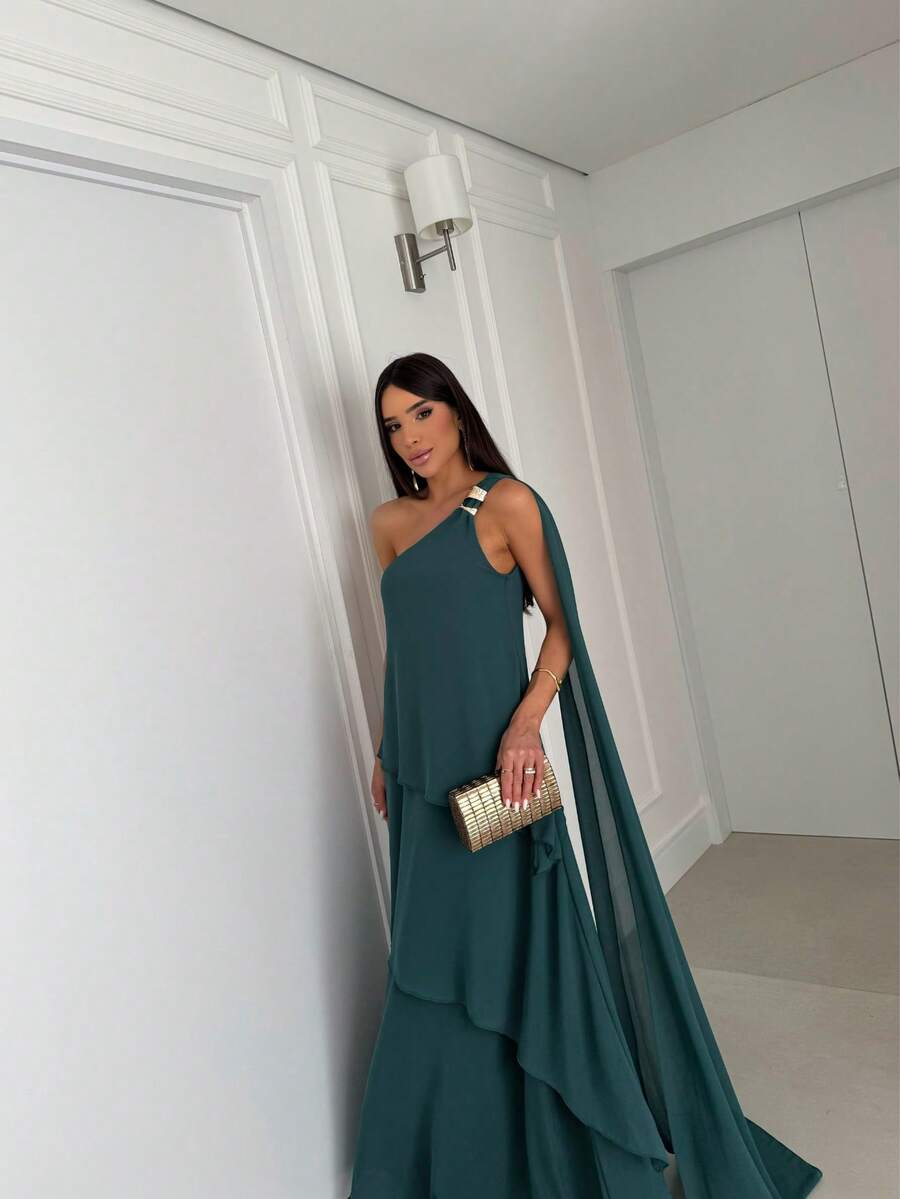 Vestido de festa elegante um ombro em chiffon com detalhe para madrinha casamento de dia