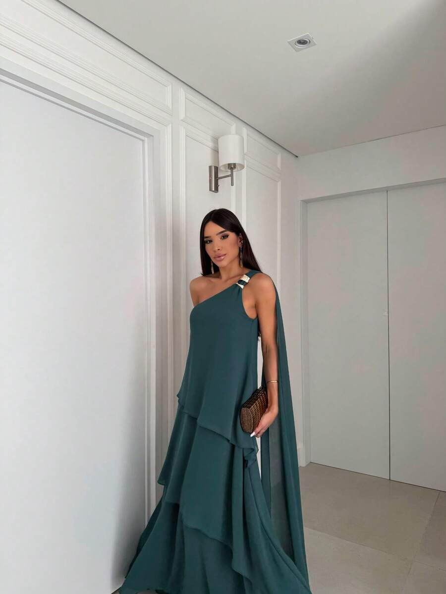 Vestido de festa elegante um ombro em chiffon com detalhe para madrinha casamento de dia