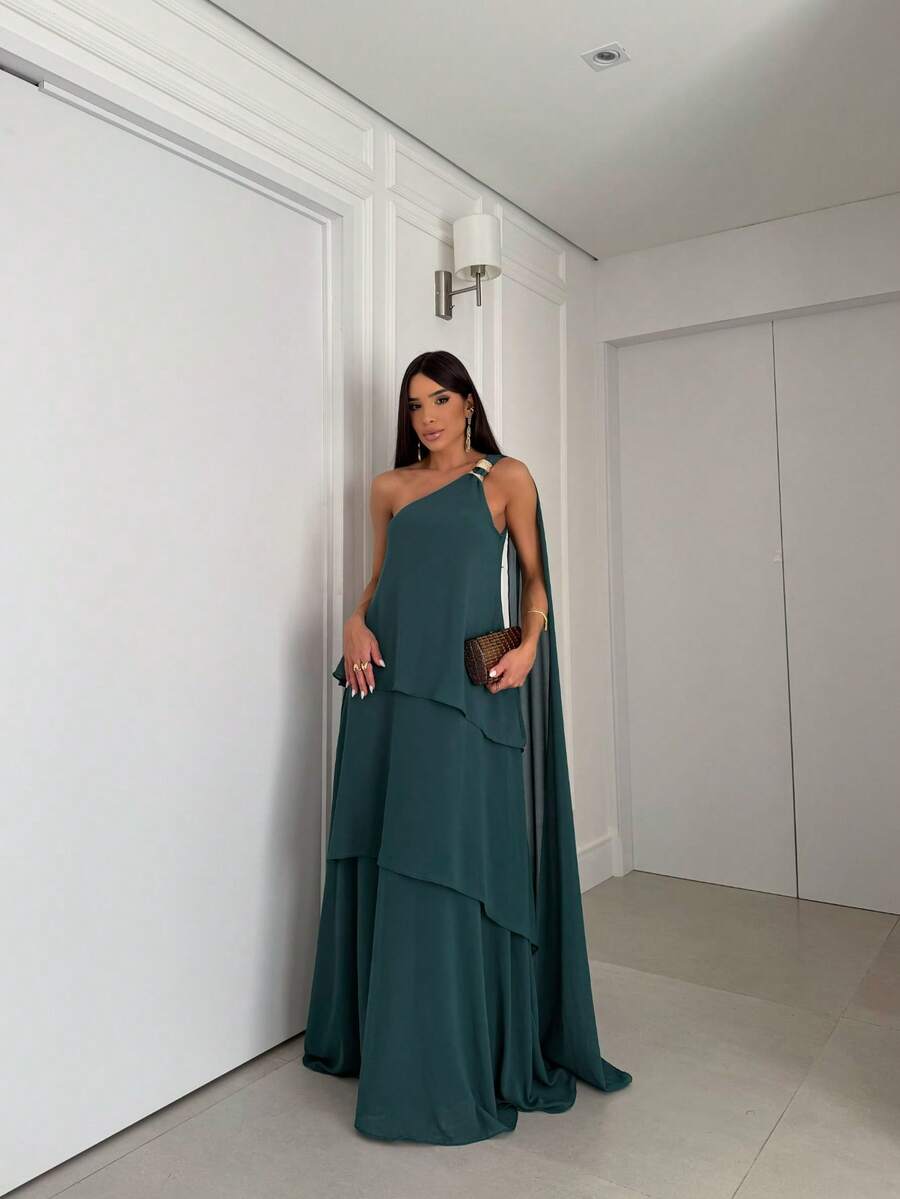 Vestido de festa elegante um ombro em chiffon com detalhe para madrinha casamento de dia