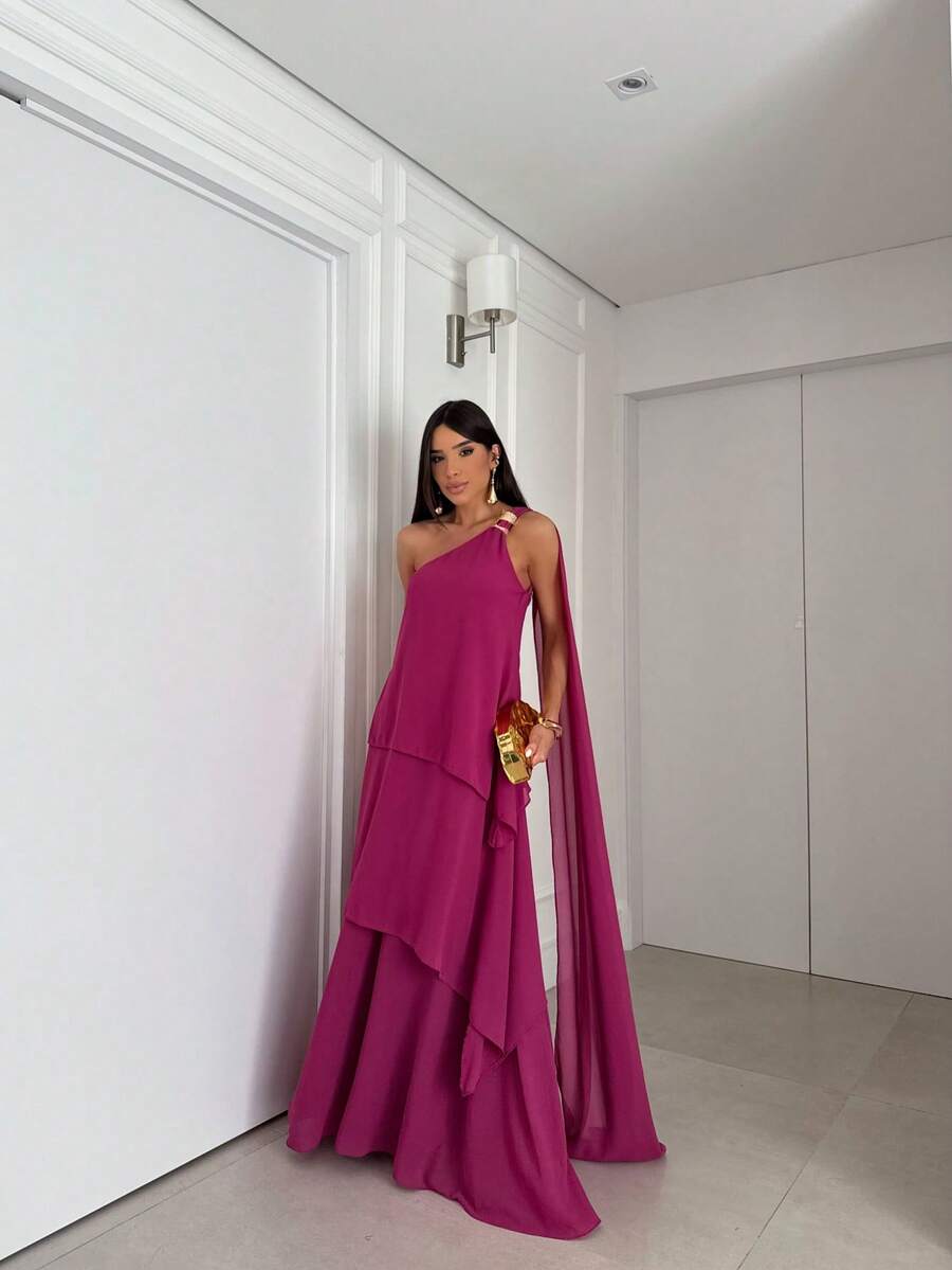 Vestido de festa elegante um ombro em chiffon com detalhe para madrinha casamento de dia