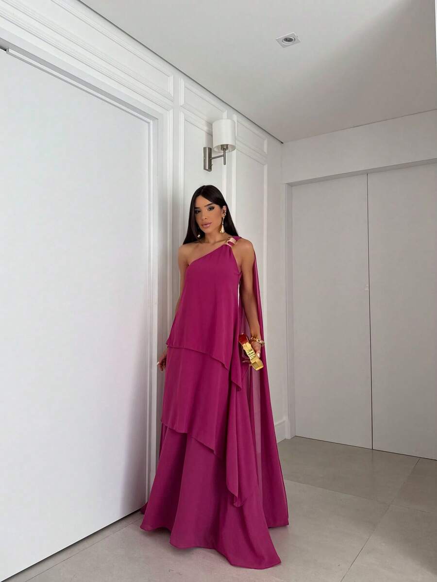 Vestido de festa elegante um ombro em chiffon com detalhe para madrinha casamento de dia