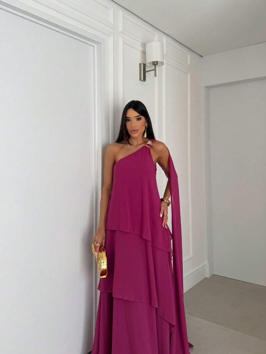 Vestido de festa elegante um ombro em chiffon com detalhe para madrinha casamento de dia