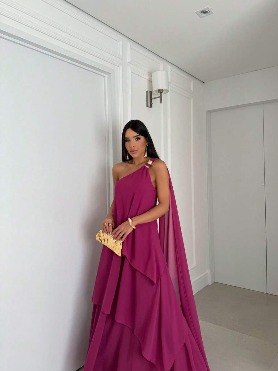 Vestido de festa elegante um ombro em chiffon com detalhe para madrinha casamento de dia