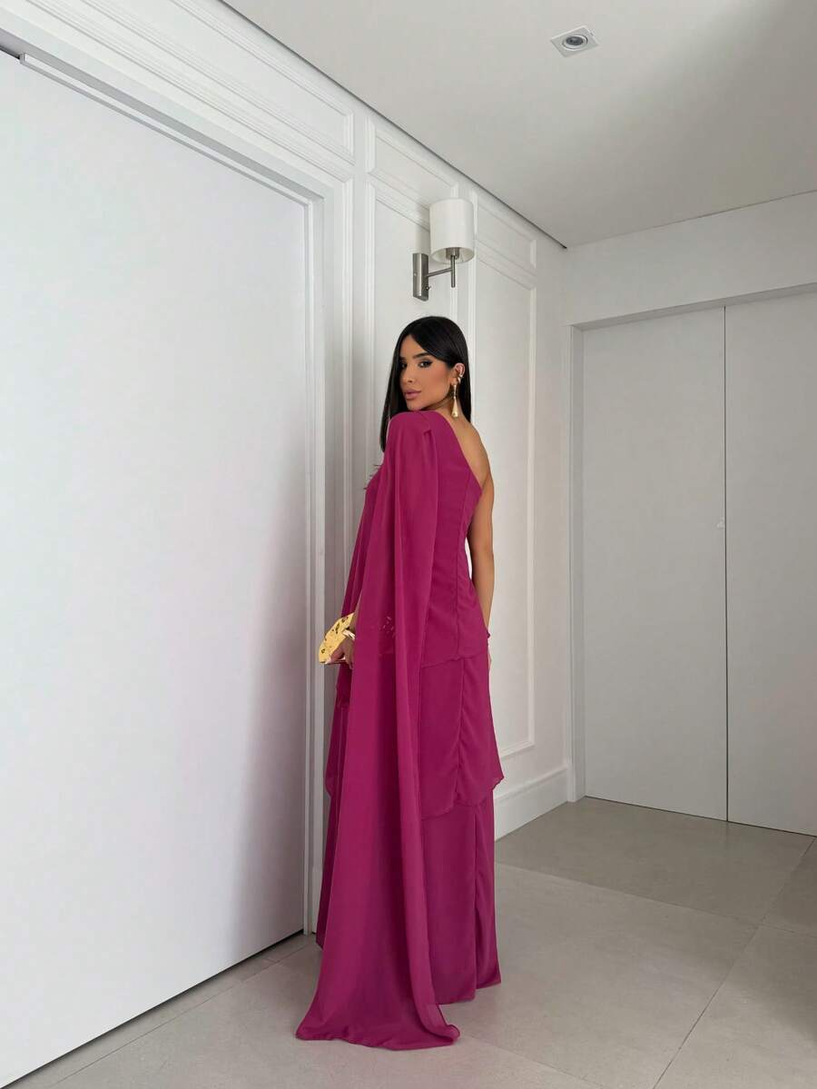 Vestido de festa elegante um ombro em chiffon com detalhe para madrinha casamento de dia