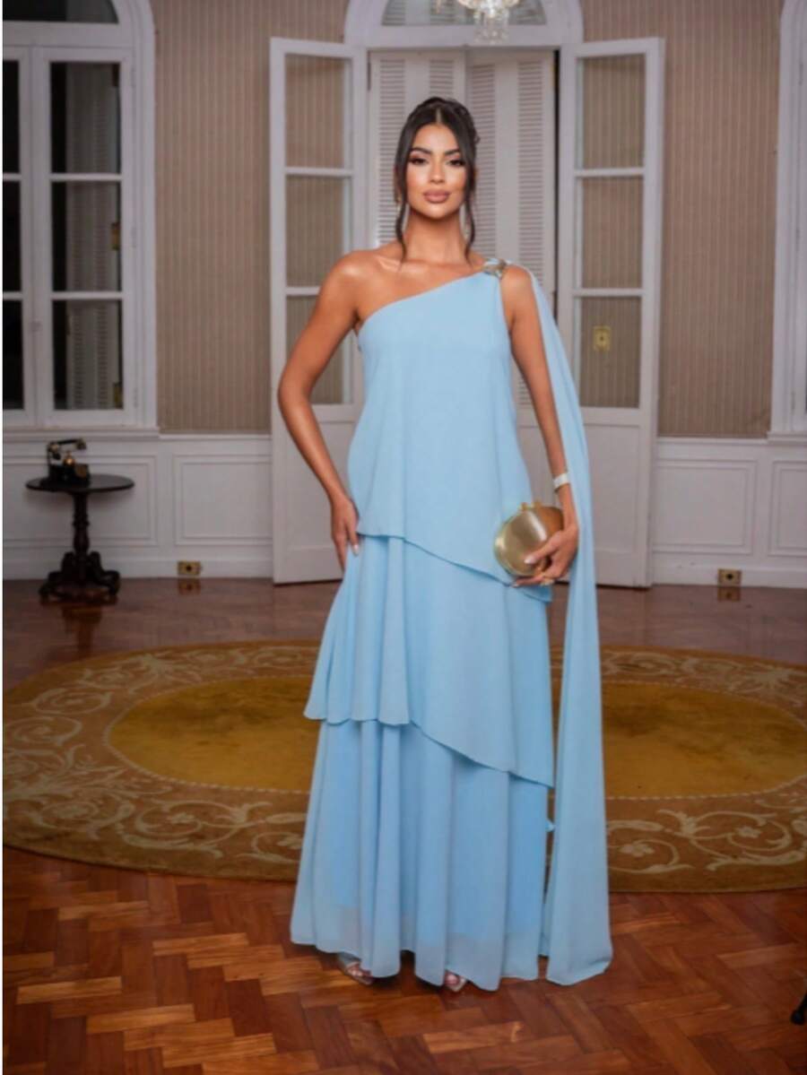 Vestido de festa elegante um ombro em chiffon com detalhe para madrinha casamento de dia