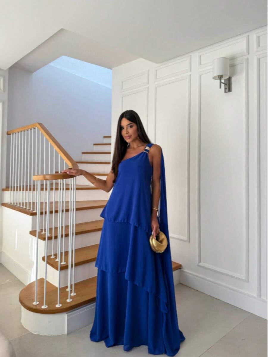 Vestido de festa elegante um ombro em chiffon com detalhe para madrinha casamento de dia