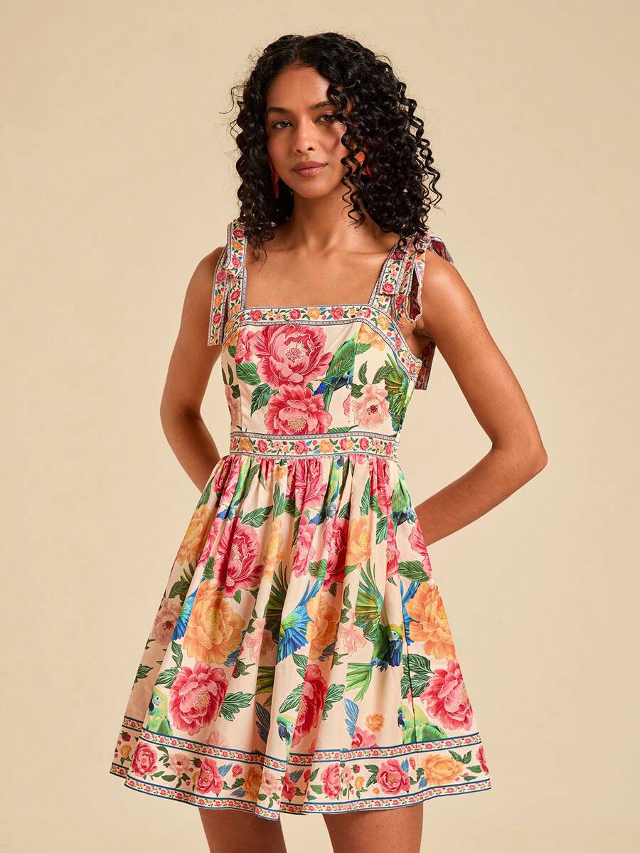 Travachic Vestido de Verão com Estampa Floral, Decote Quadrado, Sem Mangas, Cintura Marcada e Amarração na Frente, para Férias, Looks de Praia e Verão para Mulheres
