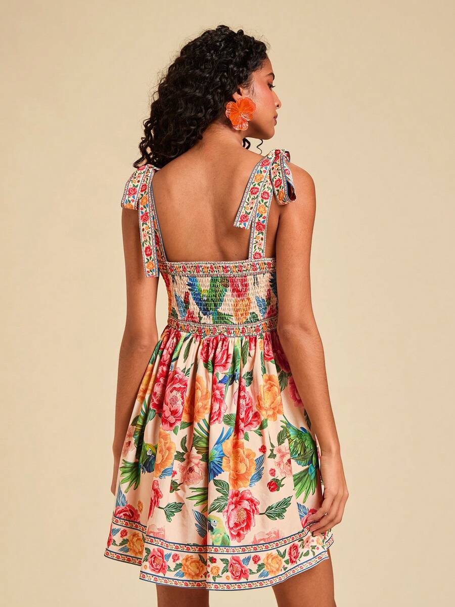 Travachic Vestido de Verão com Estampa Floral, Decote Quadrado, Sem Mangas, Cintura Marcada e Amarração na Frente, para Férias, Looks de Praia e Verão para Mulheres