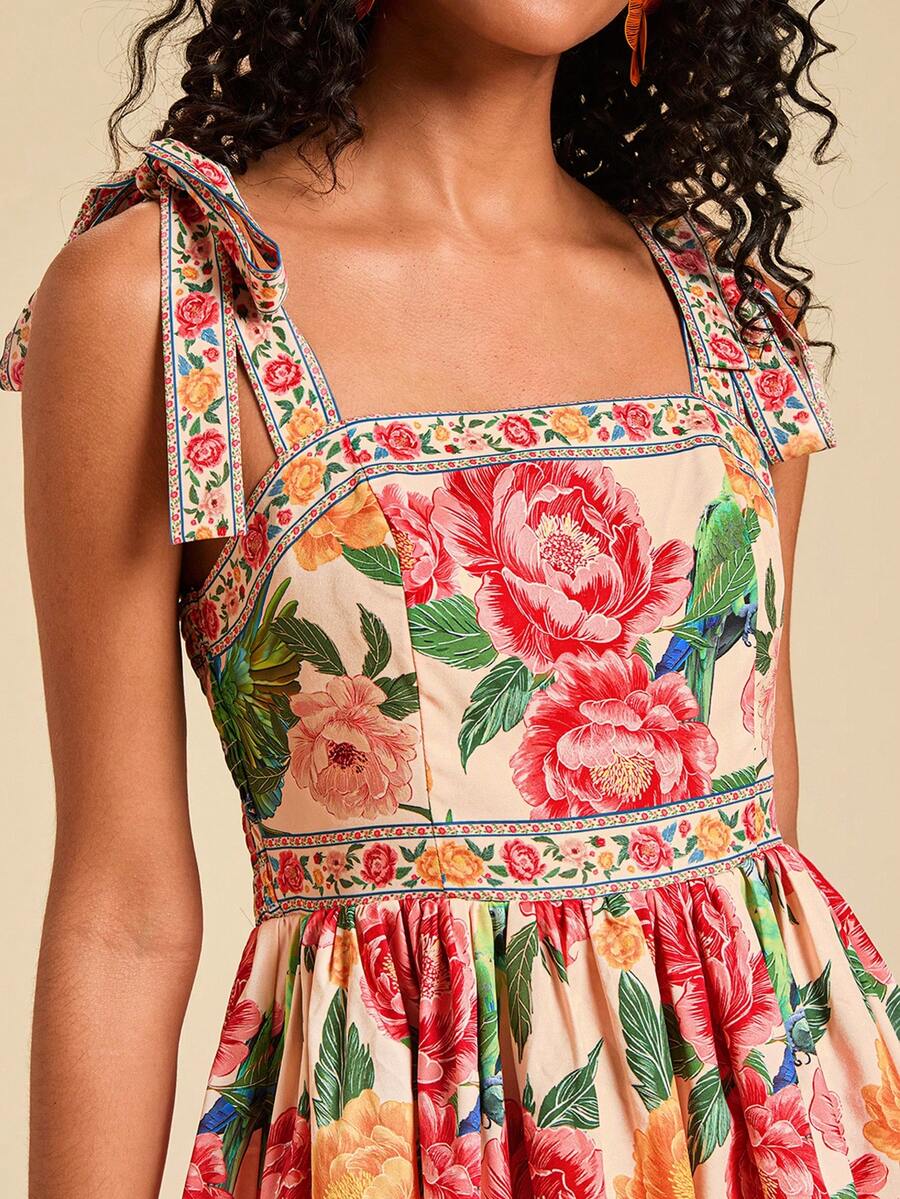 Travachic Vestido de Verão com Estampa Floral, Decote Quadrado, Sem Mangas, Cintura Marcada e Amarração na Frente, para Férias, Looks de Praia e Verão para Mulheres