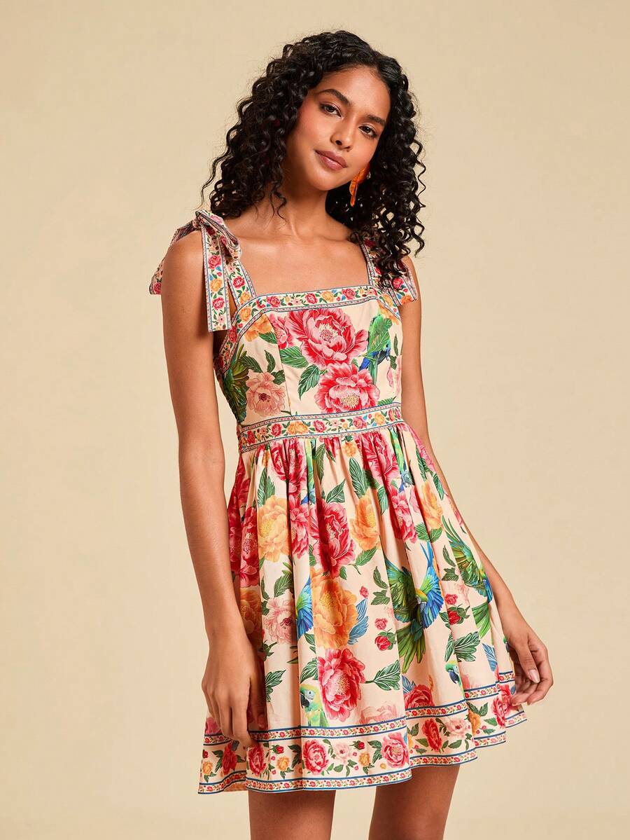 Travachic Vestido de Verão com Estampa Floral, Decote Quadrado, Sem Mangas, Cintura Marcada e Amarração na Frente, para Férias, Looks de Praia e Verão para Mulheres