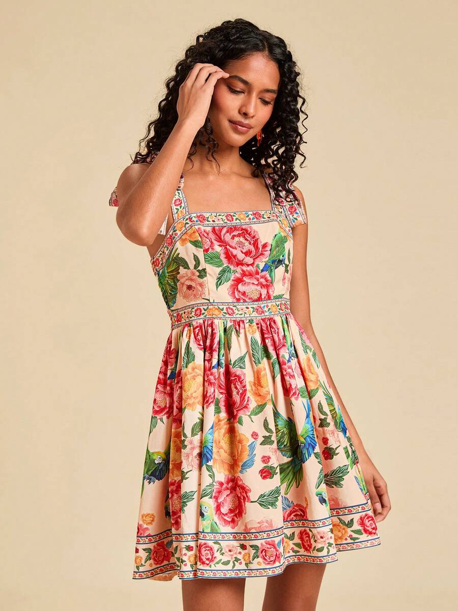 Travachic Vestido de Verão com Estampa Floral, Decote Quadrado, Sem Mangas, Cintura Marcada e Amarração na Frente, para Férias, Looks de Praia e Verão para Mulheres