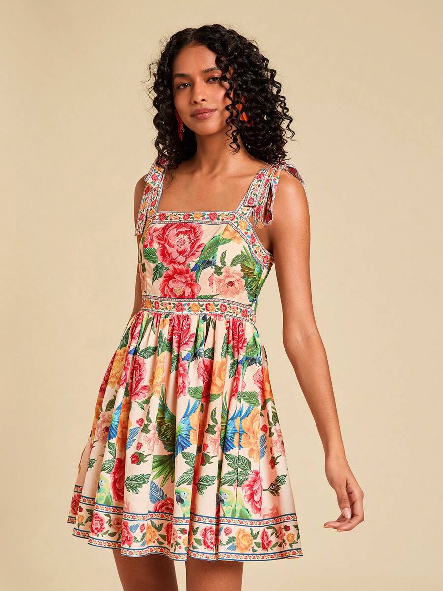 Travachic Vestido de Verão com Estampa Floral, Decote Quadrado, Sem Mangas, Cintura Marcada e Amarração na Frente, para Férias, Looks de Praia e Verão para Mulheres