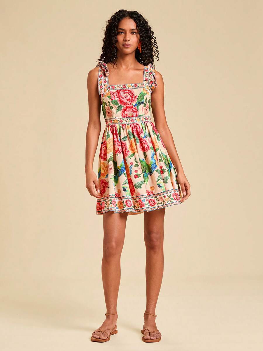 Travachic Vestido de Verão com Estampa Floral, Decote Quadrado, Sem Mangas, Cintura Marcada e Amarração na Frente, para Férias, Looks de Praia e Verão para Mulheres