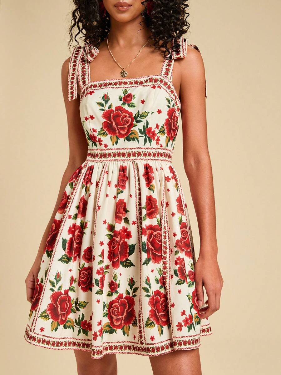 Travachic Vestido de Verão com Estampa Floral, Decote Quadrado, Sem Mangas, Cintura Marcada e Amarração na Frente, para Férias, Looks de Praia e Verão para Mulheres