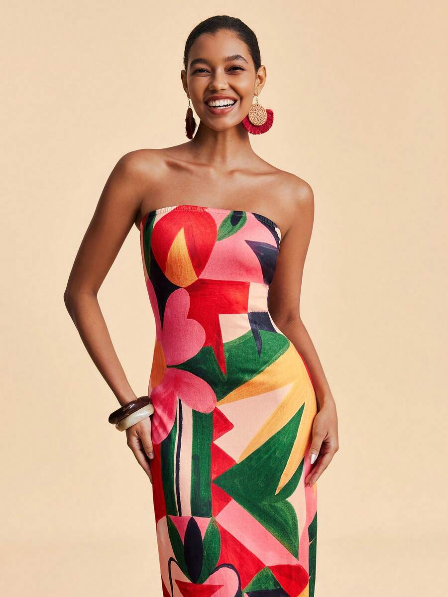 Travachic Vestido Bandeau Multicolorido Impresso para Mulheres, Férias