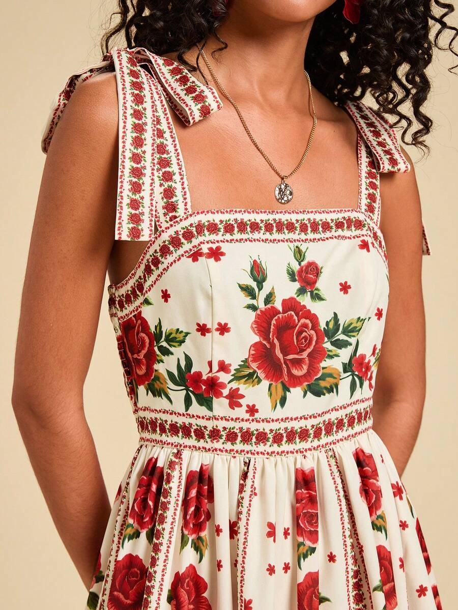 Travachic Vestido de Verão com Estampa Floral, Decote Quadrado, Sem Mangas, Cintura Marcada e Amarração na Frente, para Férias, Looks de Praia e Verão para Mulheres