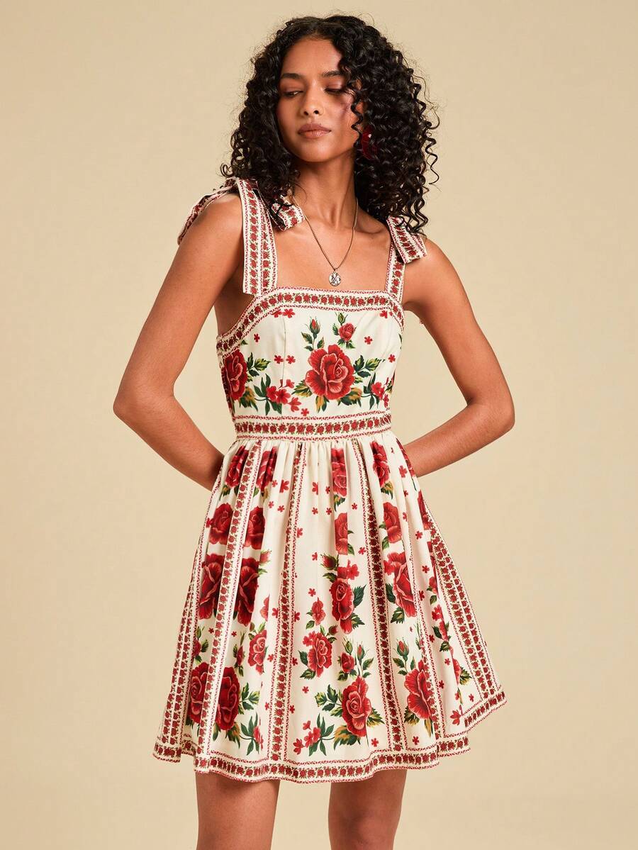 Travachic Vestido de Verão com Estampa Floral, Decote Quadrado, Sem Mangas, Cintura Marcada e Amarração na Frente, para Férias, Looks de Praia e Verão para Mulheres