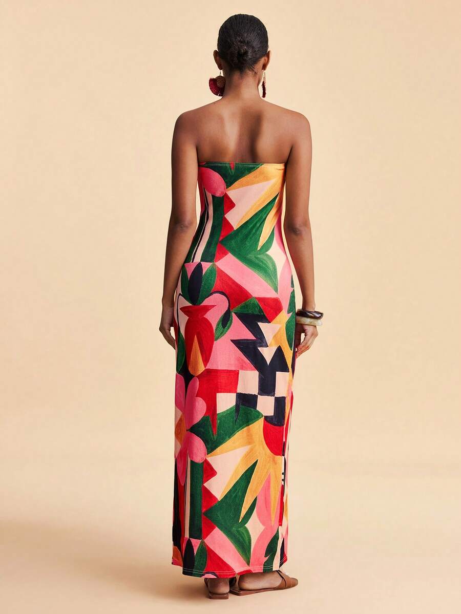 Travachic Vestido Bandeau Multicolorido Impresso para Mulheres, Férias