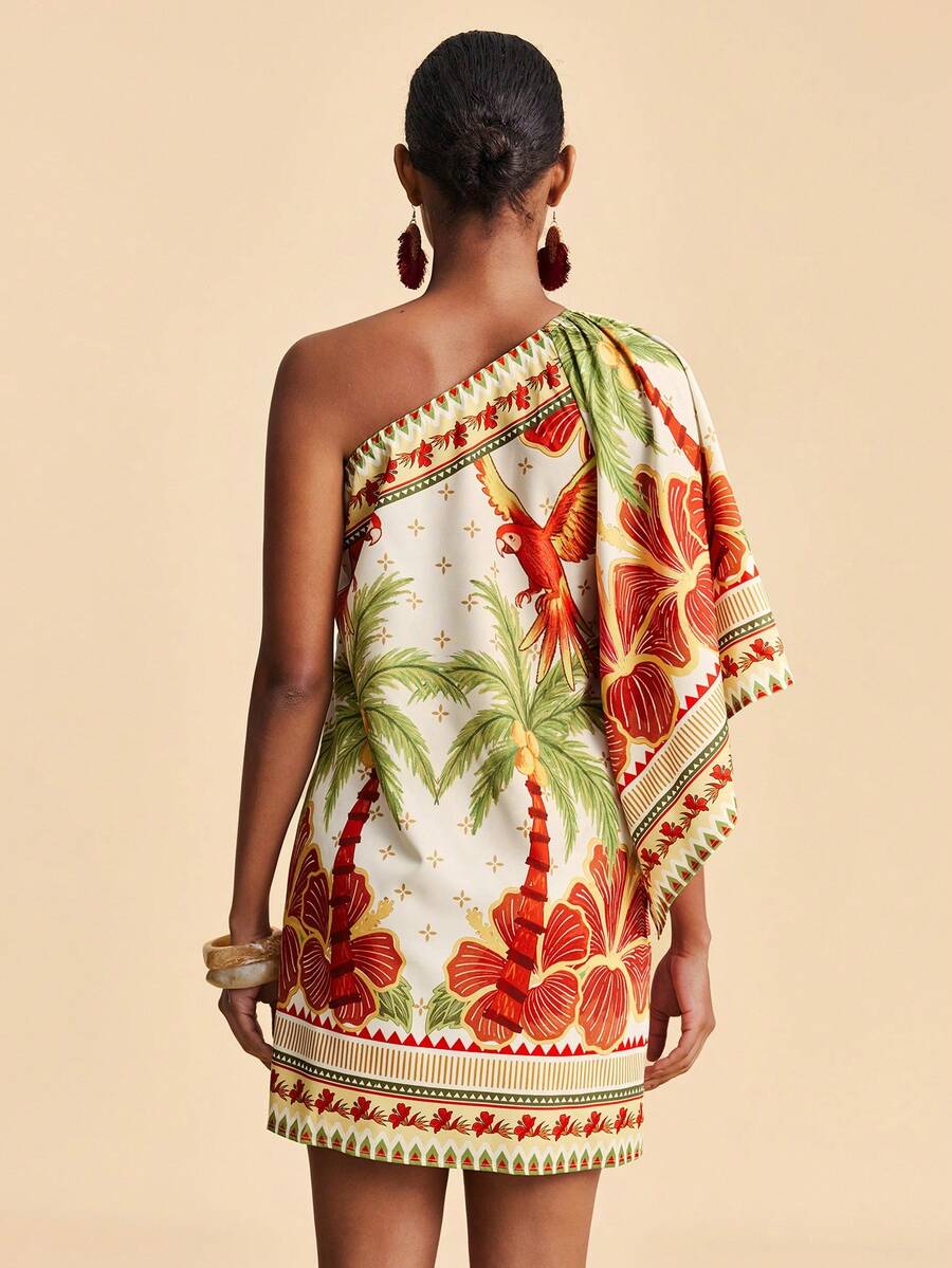 Travachic Vestido Curto Assimétrico de Mulher com Estampa Tropical