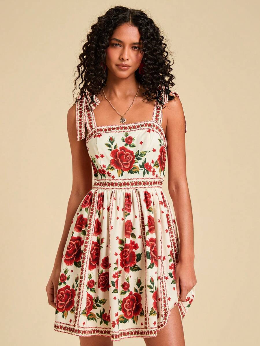 Travachic Vestido de Verão com Estampa Floral, Decote Quadrado, Sem Mangas, Cintura Marcada e Amarração na Frente, para Férias, Looks de Praia e Verão para Mulheres