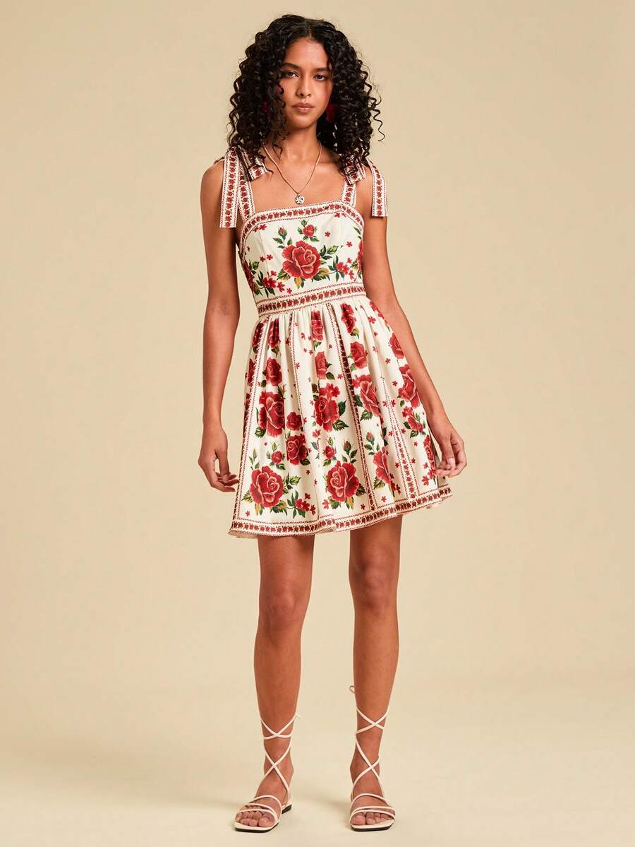 Travachic Vestido de Verão com Estampa Floral, Decote Quadrado, Sem Mangas, Cintura Marcada e Amarração na Frente, para Férias, Looks de Praia e Verão para Mulheres