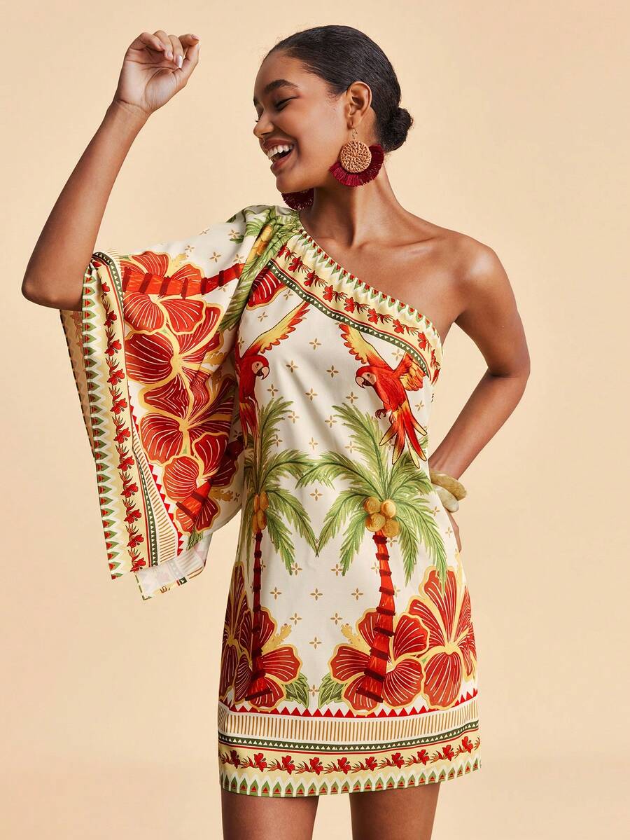 Travachic Vestido Curto Assimétrico de Mulher com Estampa Tropical