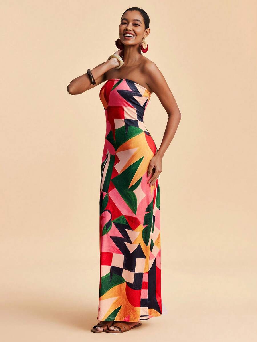 Travachic Vestido Bandeau Multicolorido Impresso para Mulheres, Férias